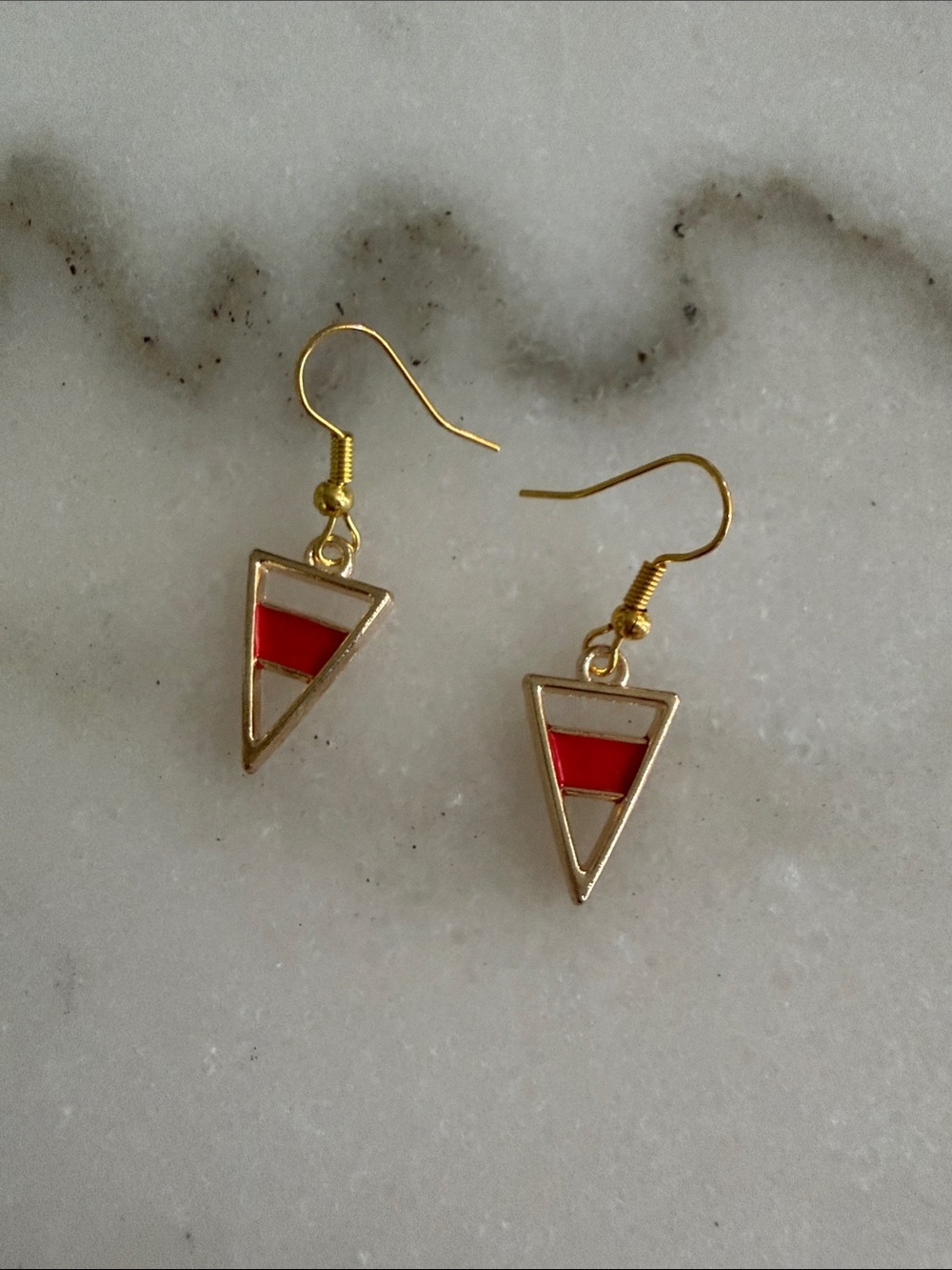 Gold Triangle Drop Earrings with Red Accent Handpainted Novelty Jewelry